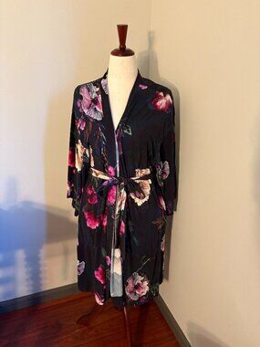 SOMA Cool Nights Floral Kimono Robe Black Pink Purple Belted Sleepwear L/XL